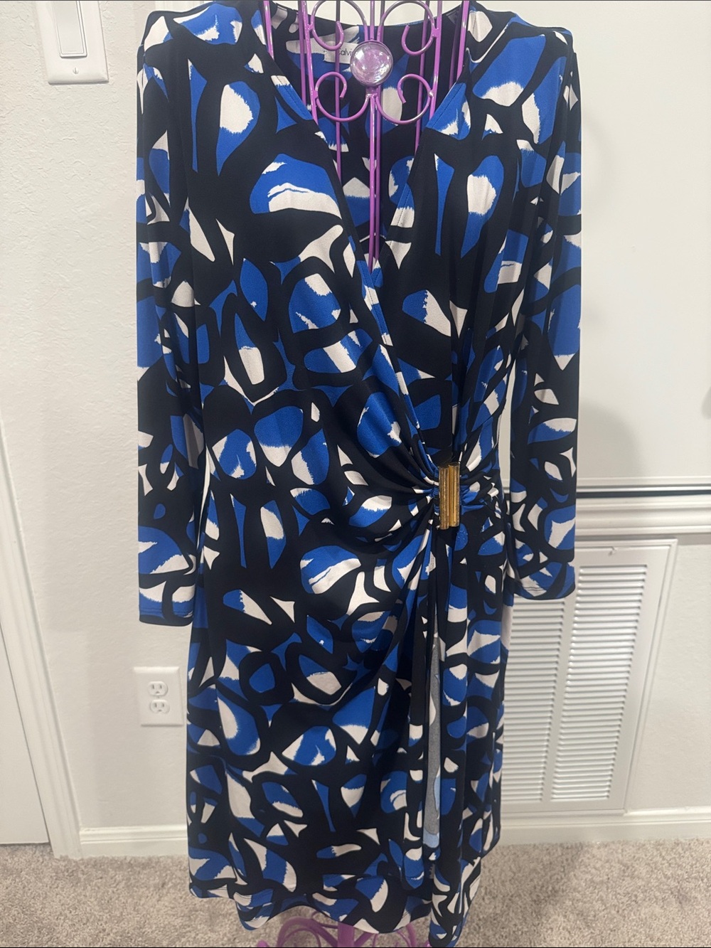Abstract Blue & Black Twist-Front Midi Dress with Gold Accent